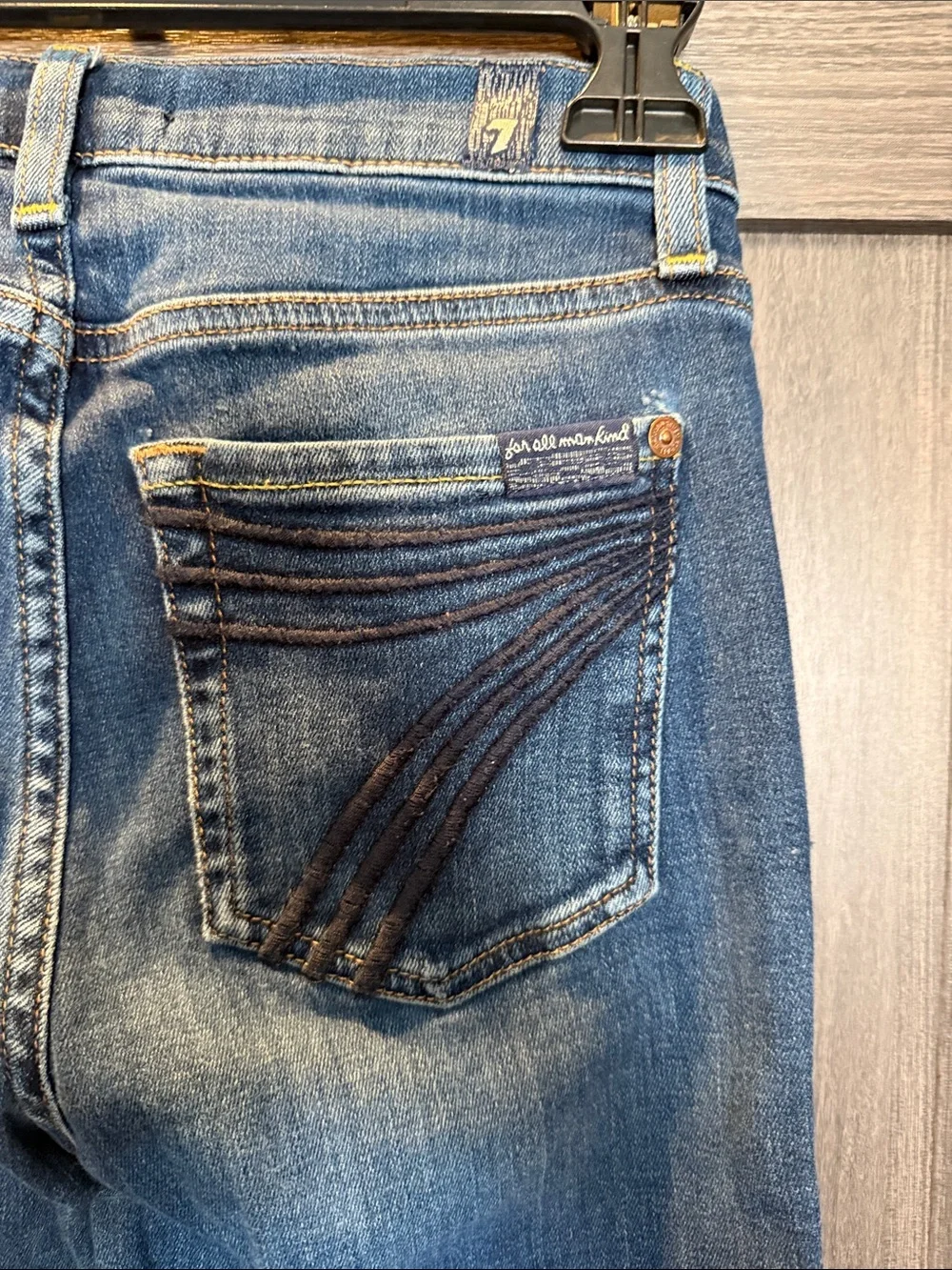 7 For All Mankind Medium Blue Flare Jeans with Embroidered Pockets - Picture 2 of 5